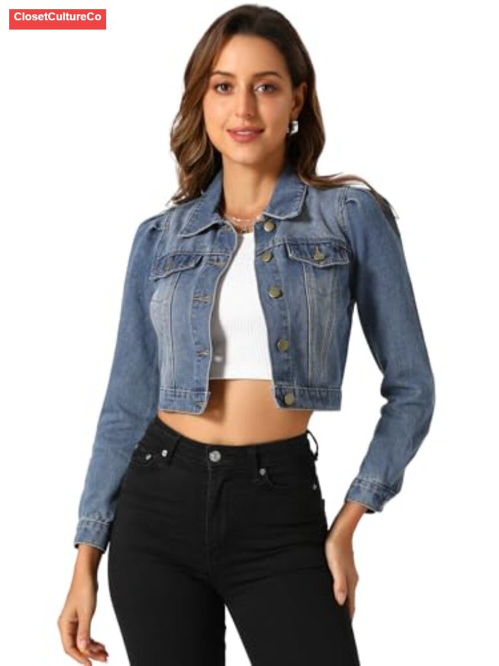Cropped Denim Jacket Button Down Puff Sleeve Jean Jacket